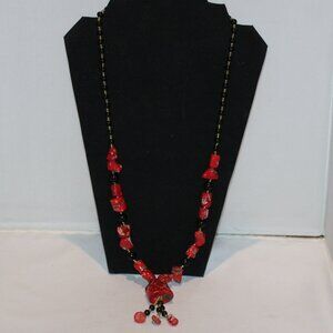 chunky red coral 28" statement necklace with black agate beads & tassel